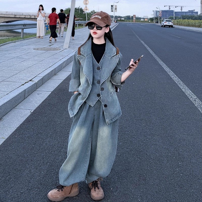 女童复古牛仔套装2025儿童洋气女大童假两件马甲外套阔腿裤两件套