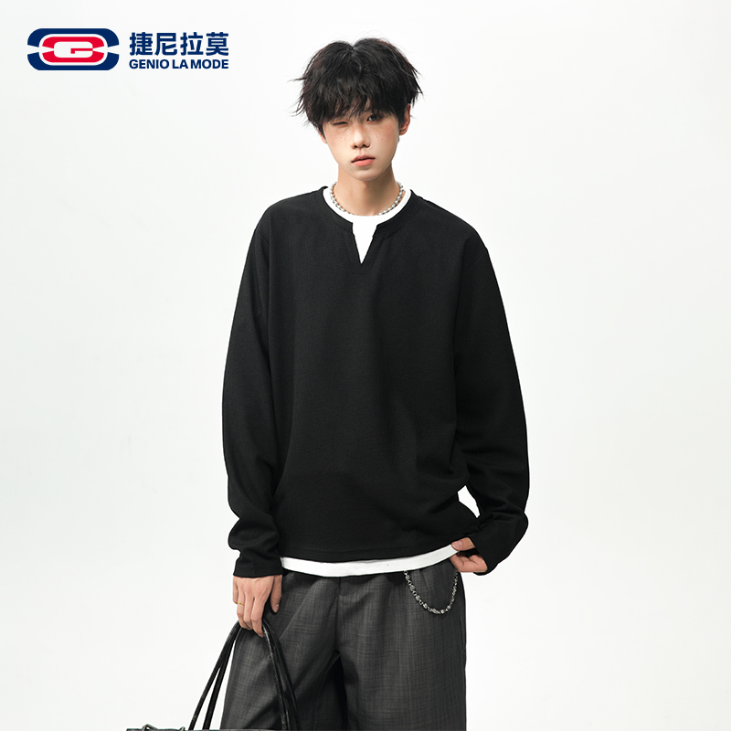 【敖瑞鹏代言】GENIOLAMODE假两件V领卫衣男秋冬休闲宽松长袖打底衫