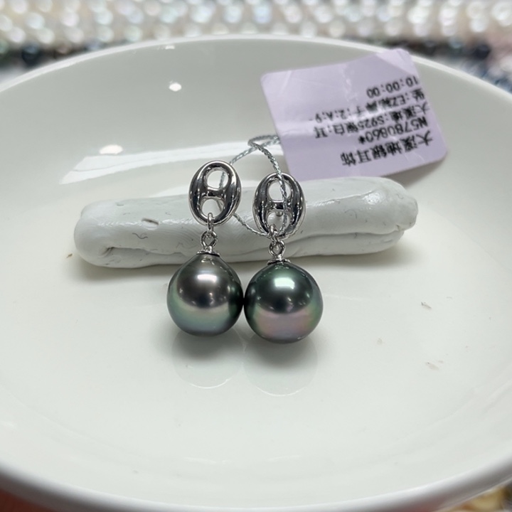 银S925镶嵌耳饰海水珍珠星***ღ大溪地9-10mm