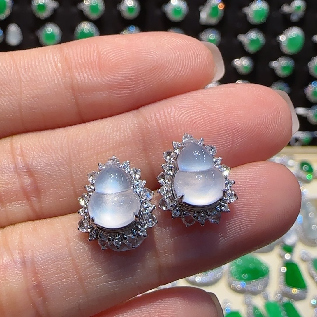 翡翠耳钉18K金镶嵌葫芦