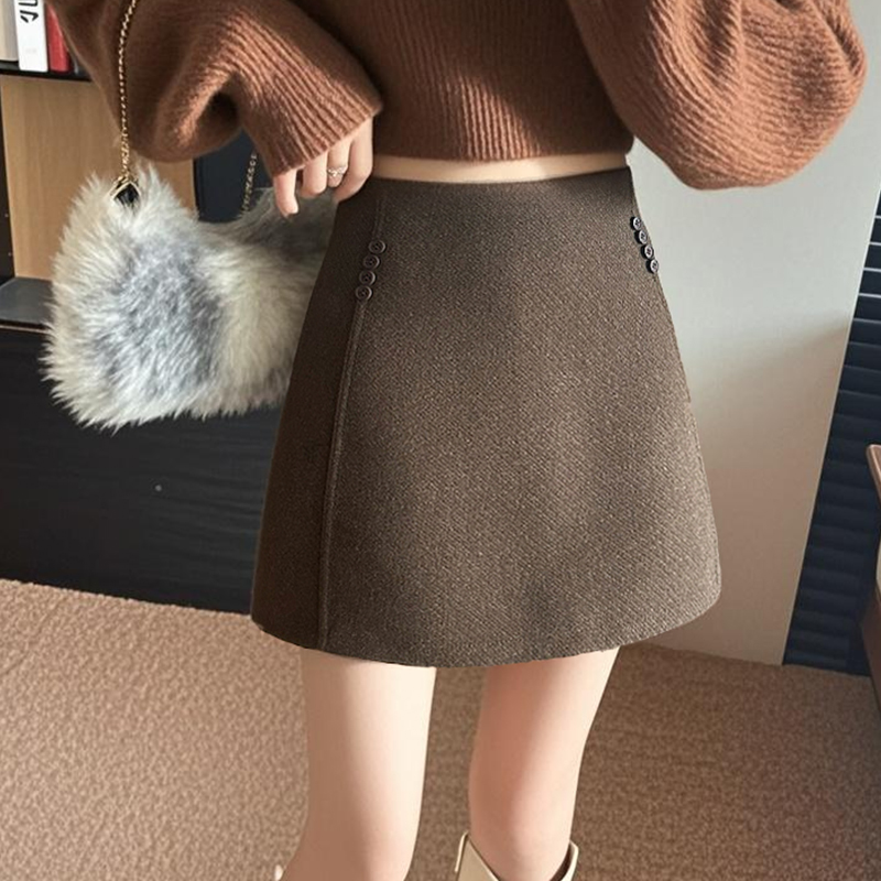 美式辣妹饰扣斜纹毛呢半身裙女秋冬新款防走光短裙显瘦a字包臀裙