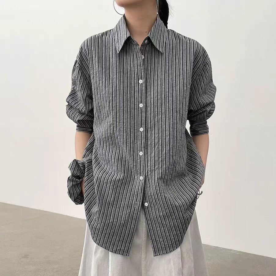 Zero nine 韩系条纹翻领衬衫女气质宽松高级感长袖上衣配发圈衬衣
