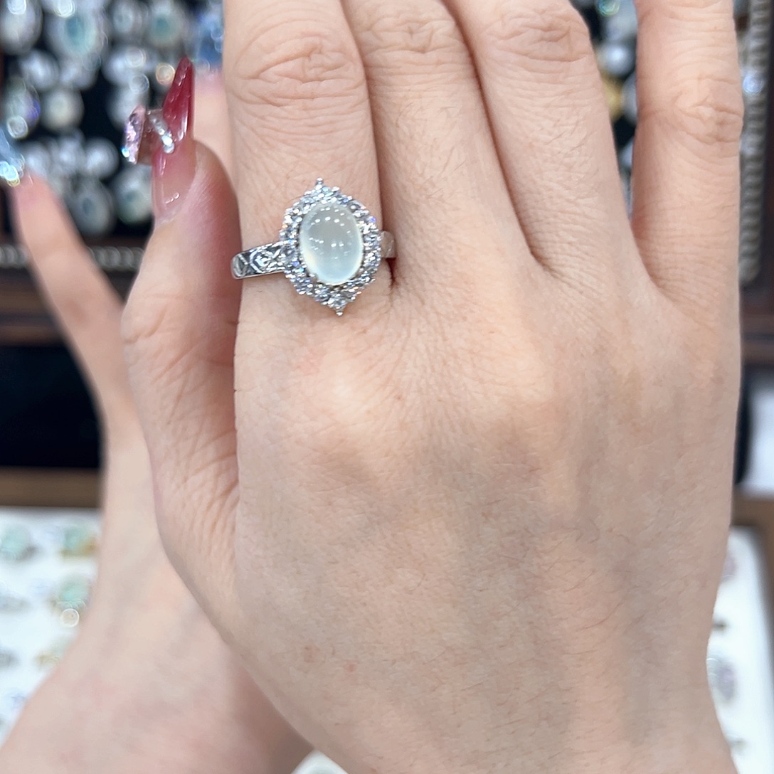 蛇纹石玉银S925镀金镶嵌戒指