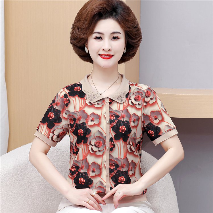 新款妈妈装夏季冰丝短袖T恤中老年65时尚70洋气60岁小衫气质套装