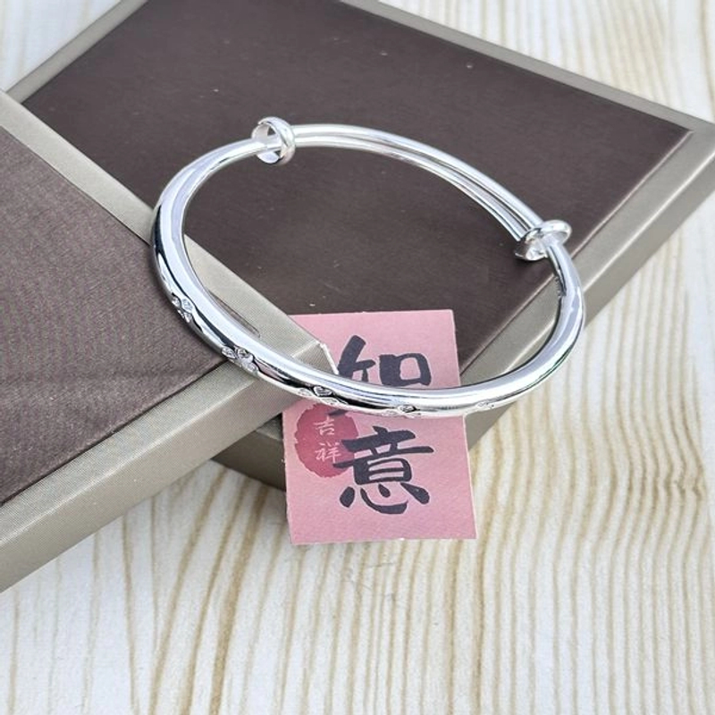 足银手镯 足银9999韩版新款女银手镯经典时尚气质四叶草推拉手环