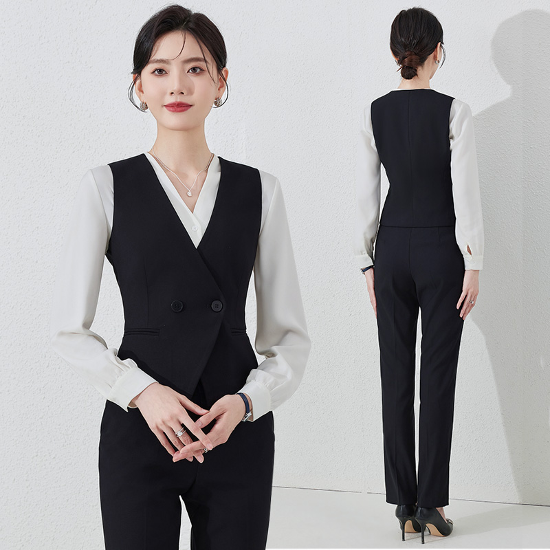 黑色西装马甲套装女春秋季酒店前台工装银行接待工作服职业装马夹