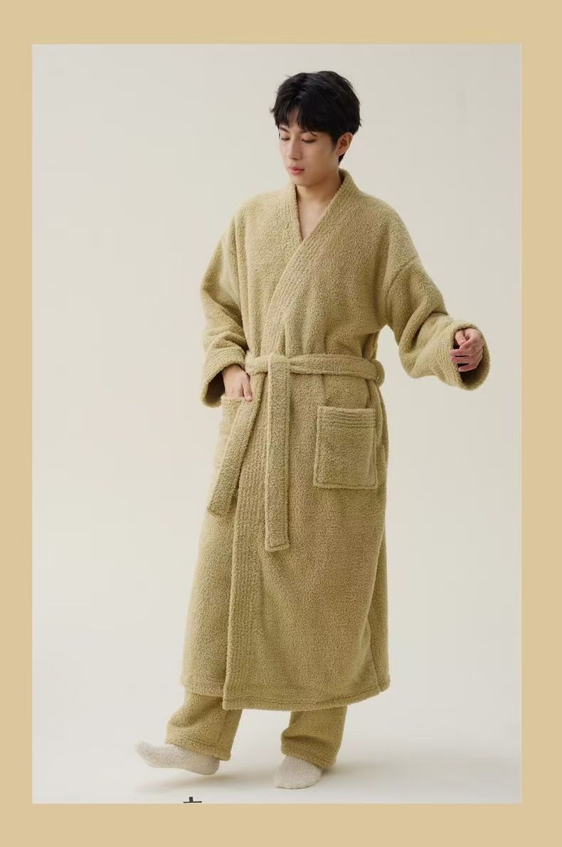 春秋升级男厚款睡衣长款半边绒女睡袍情侣家居服宽松加绒保暖晨袍