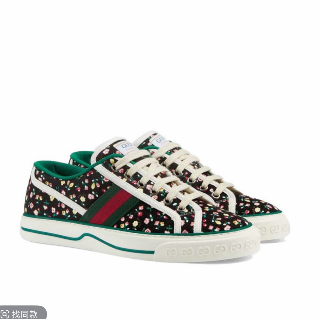 99新 GUCCI/古驰 1977系列黑色小花低帮印花百搭碎花板鞋