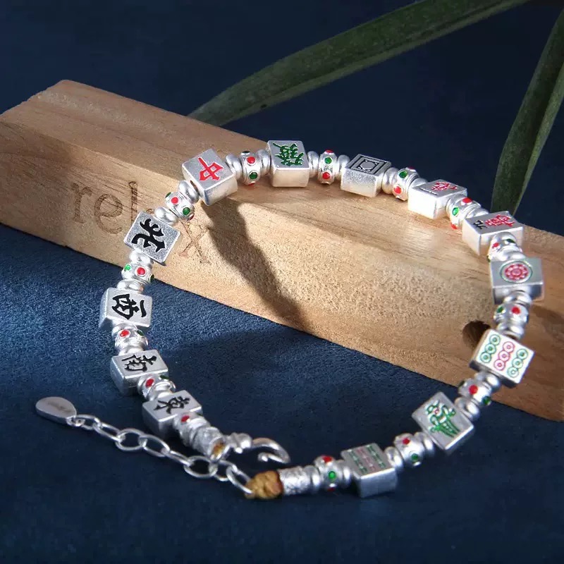 足银手镯 足银999.9手镯A32珐琅麻将手链银盘缠手链