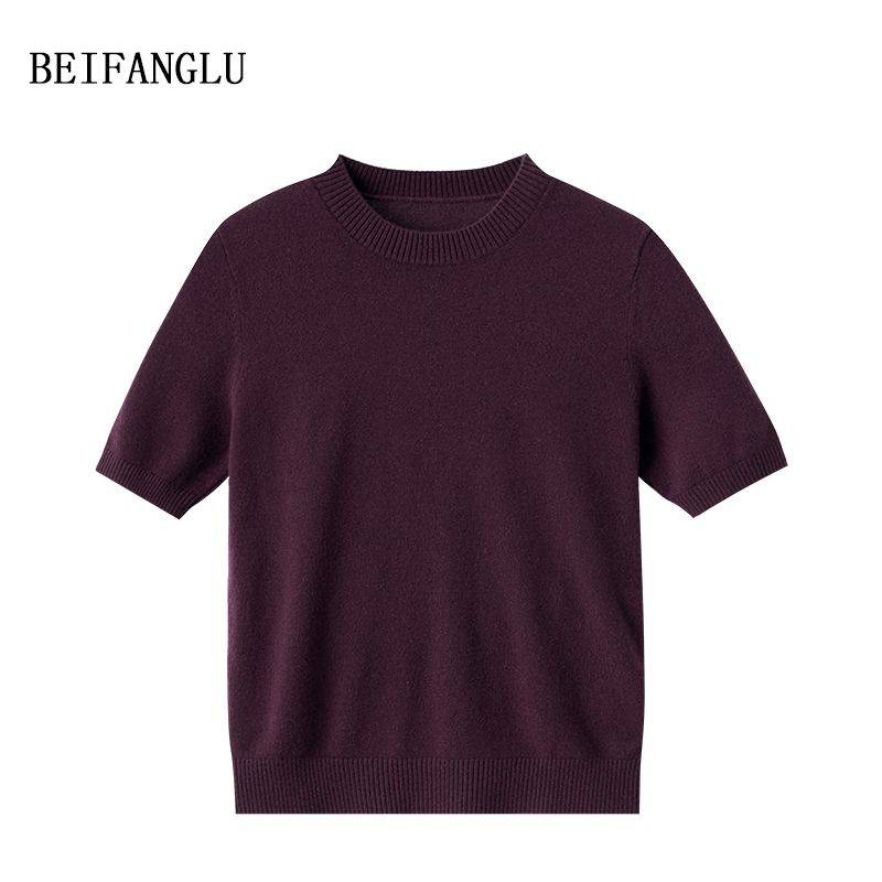 北方鹿 定染高级感法式圆领气质绵羊毛针织短袖女8011