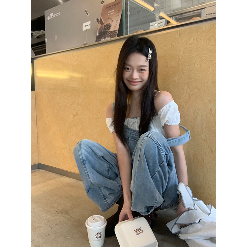 宋正恩【现货清仓】浅蓝色宽松背带裤牛仔裤松弛慵懒裤子-ZE7225