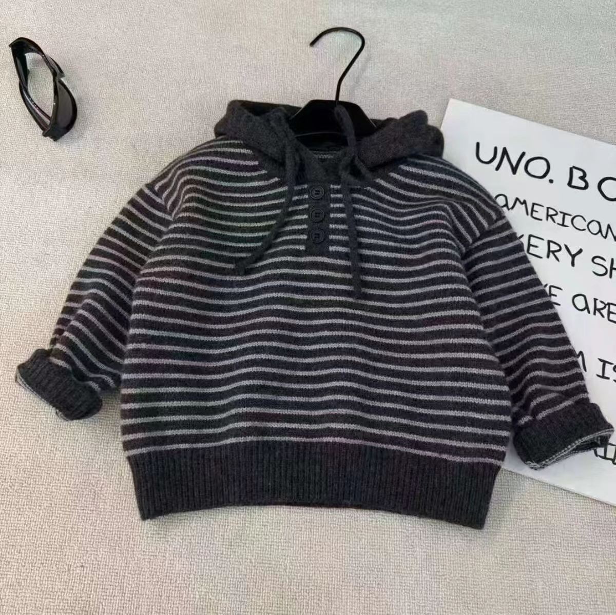韩系条纹帽衫秋冬撞色新款儿童加绒毛衣男童女童宝宝洋气针织外套