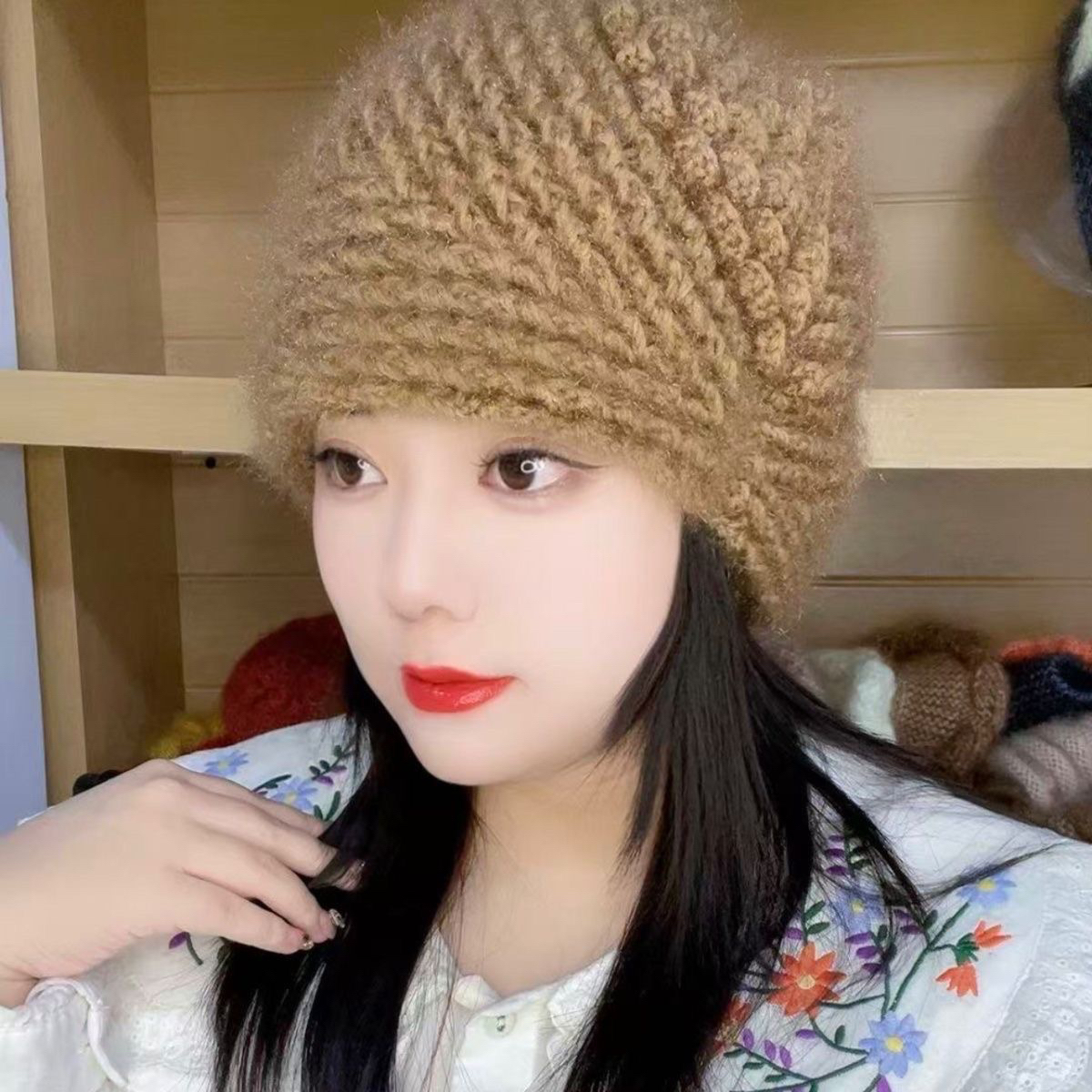 纯手工大牡丹保暖针织帽绒线编织妈妈冬季时尚头饰毛线百搭网红