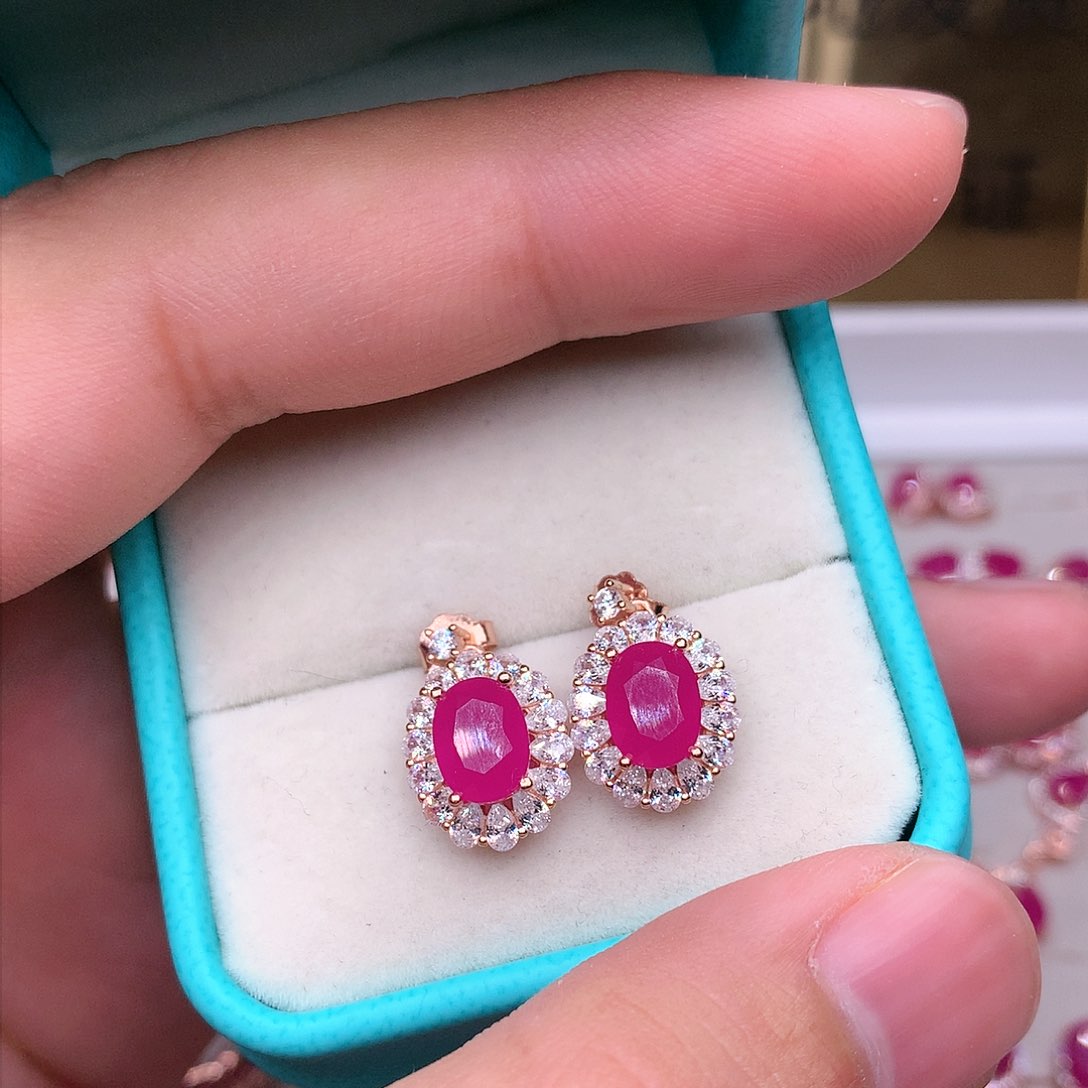 红宝石耳饰银S925镶嵌