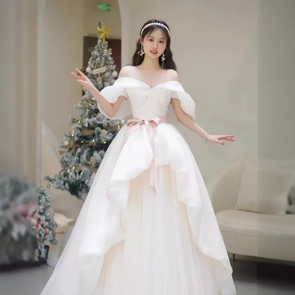 一字肩法式轻纱晚礼服白色新款新娘婚纱小个子公主裙礼服高级感