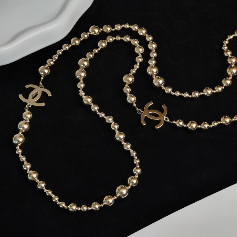 95新 Chanel/香奈儿 Azul-21S浅金色双C金珠毛衣链长项链/52586