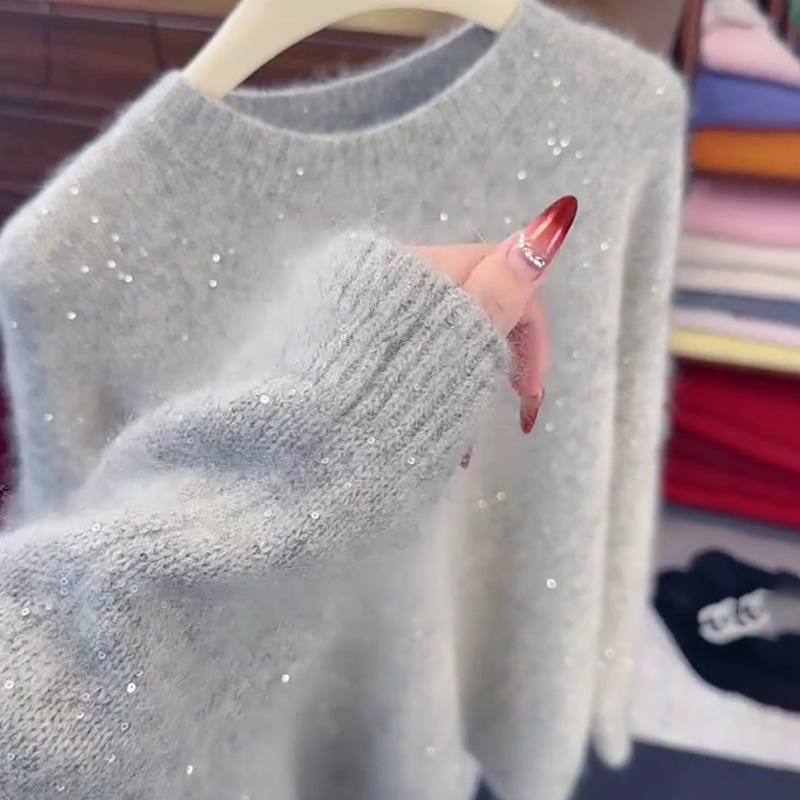 法式温柔风亮片针织衫女2025秋季大码新款气质优雅高级感显瘦毛衣