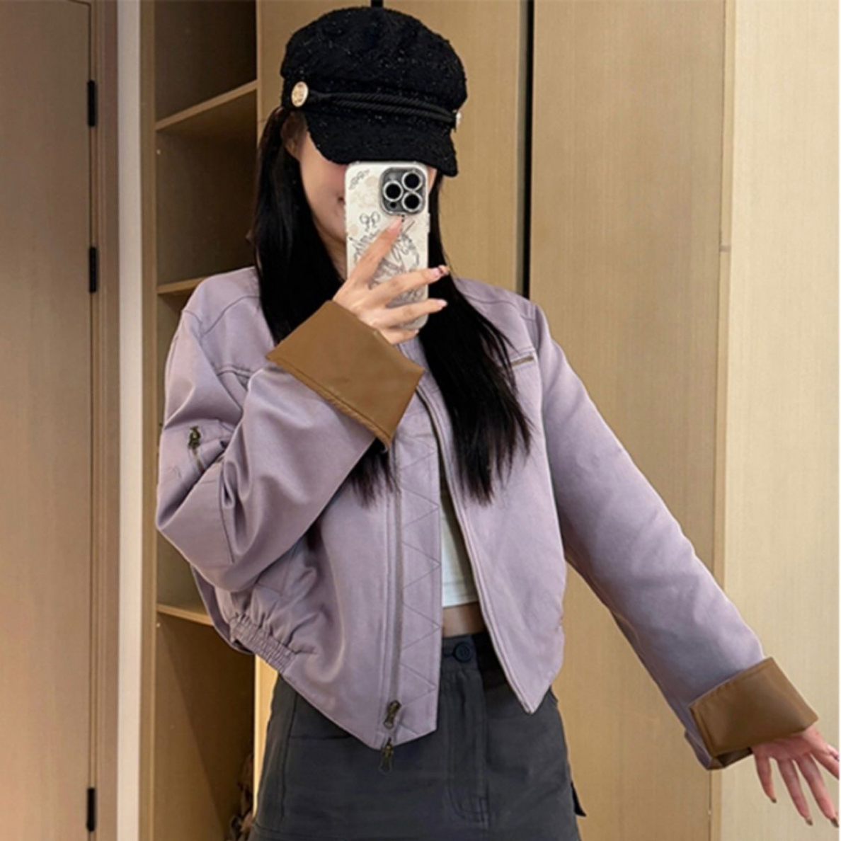 大码胖MM春秋短款长袖秋季复古短外套韩系皮夹克小个子拼接机车服