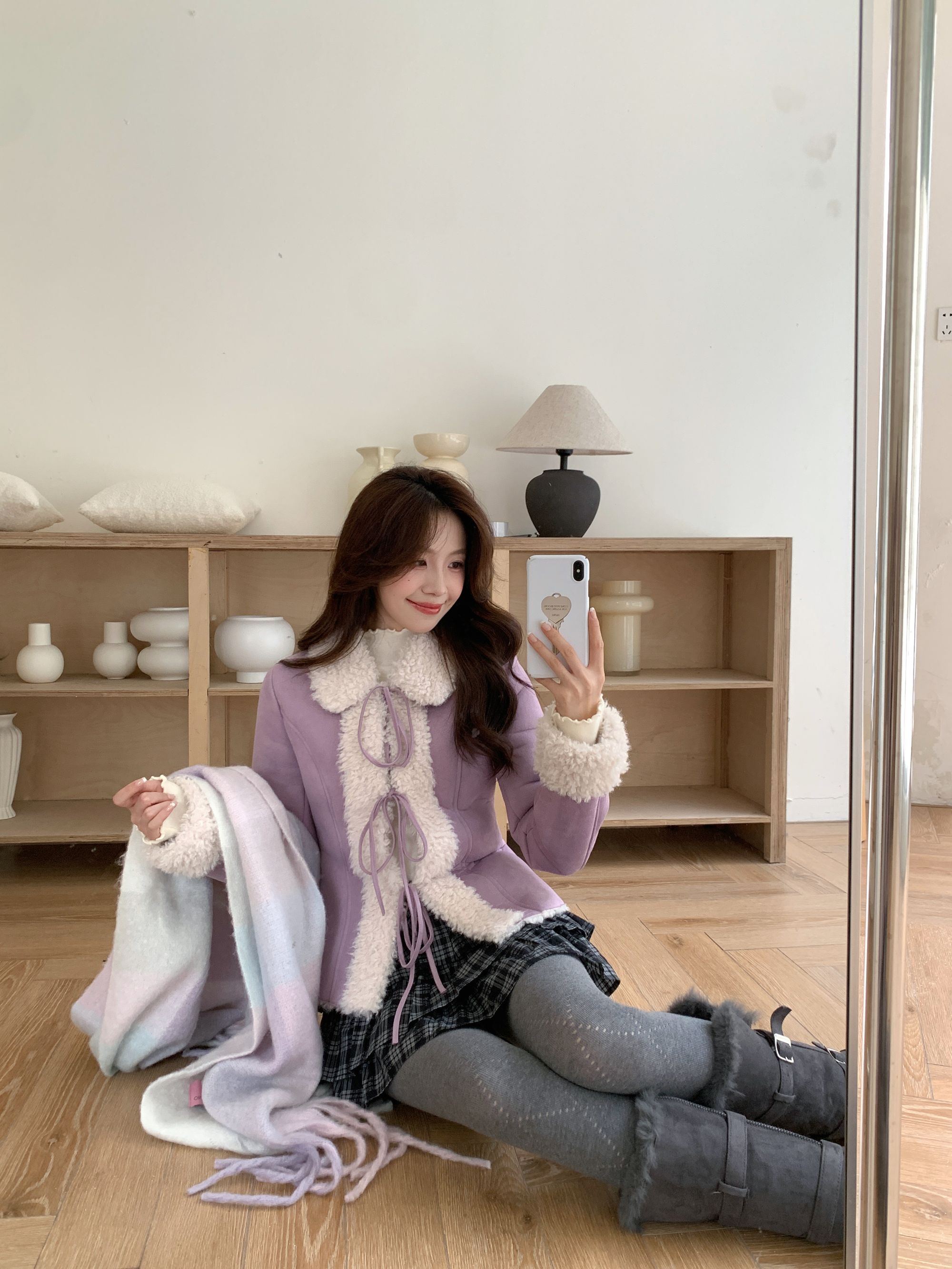 Even一雯【幸运Purple】韩系高智感卷毛翻领皮毛一体修身显瘦外套