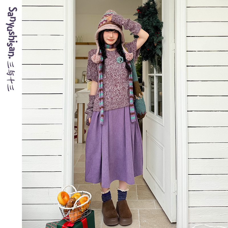 三与十三|未干油画|秋季韩系半松紧灯芯纯色显瘦百搭半身裙