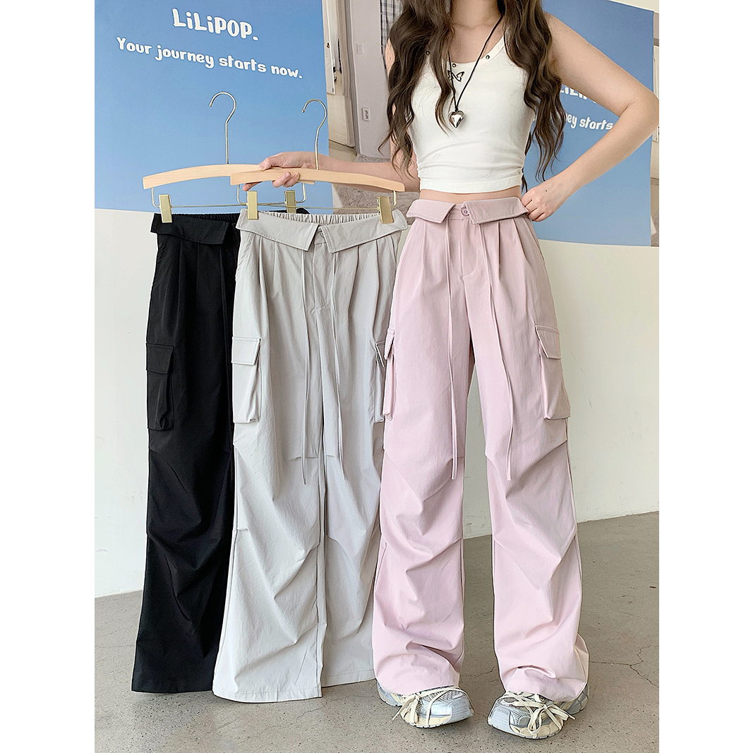 21213（302）新款胖mm大码女美式辣妹运动风个性口袋褶皱工装裤