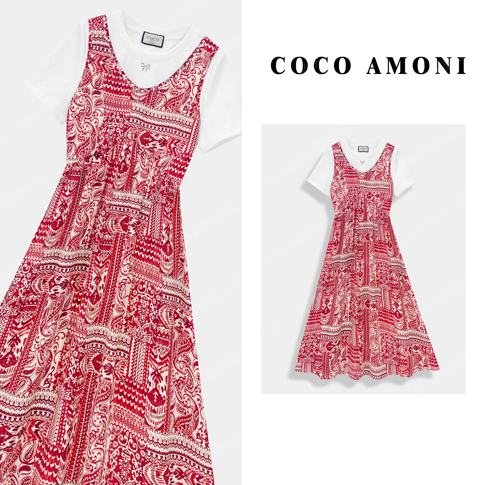 夏季爆款高级设计师女装拼接重工碎花气质假两件连衣裙ZC642