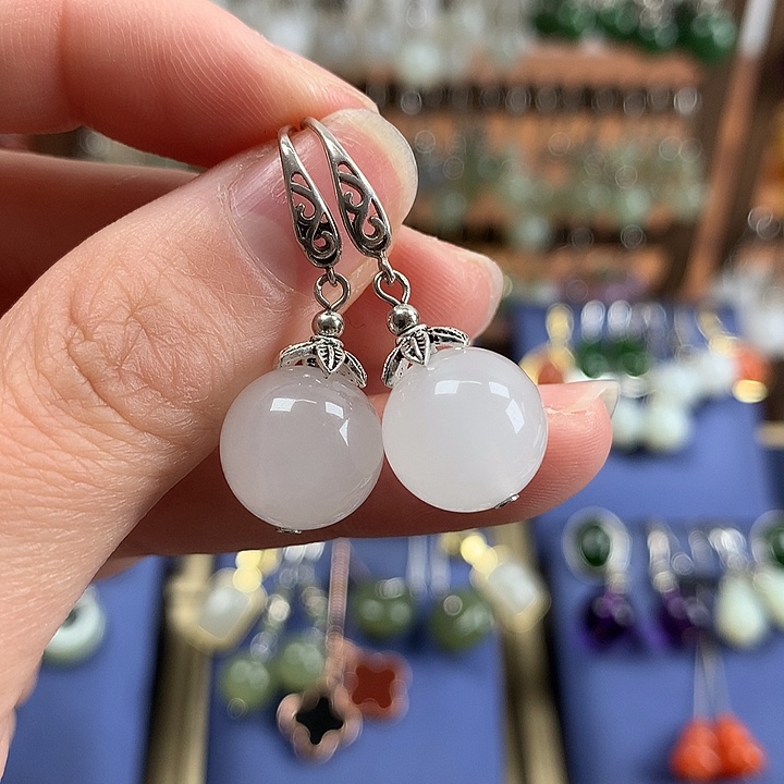 石英质玉（金丝玉）耳环银S925镶嵌12左右