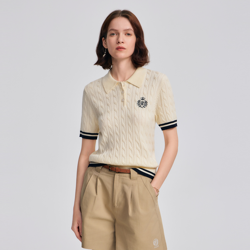 POLOWALK女装2025秋季新品经典绞花时尚休闲短袖针织衫W53590101