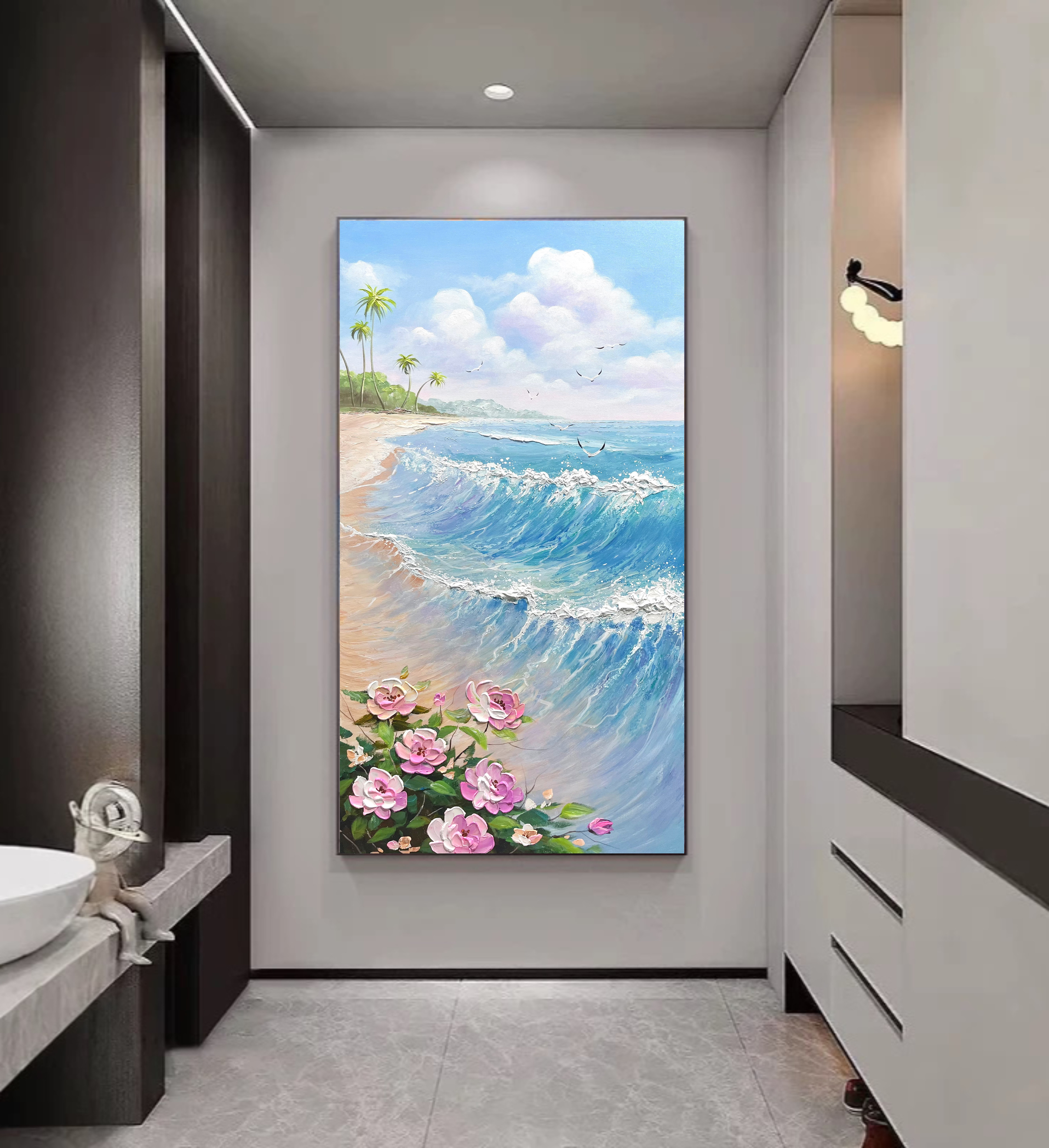 《海上生花》玫瑰海过道挂画法式轻奢入户玄关装饰画肌理手绘油画