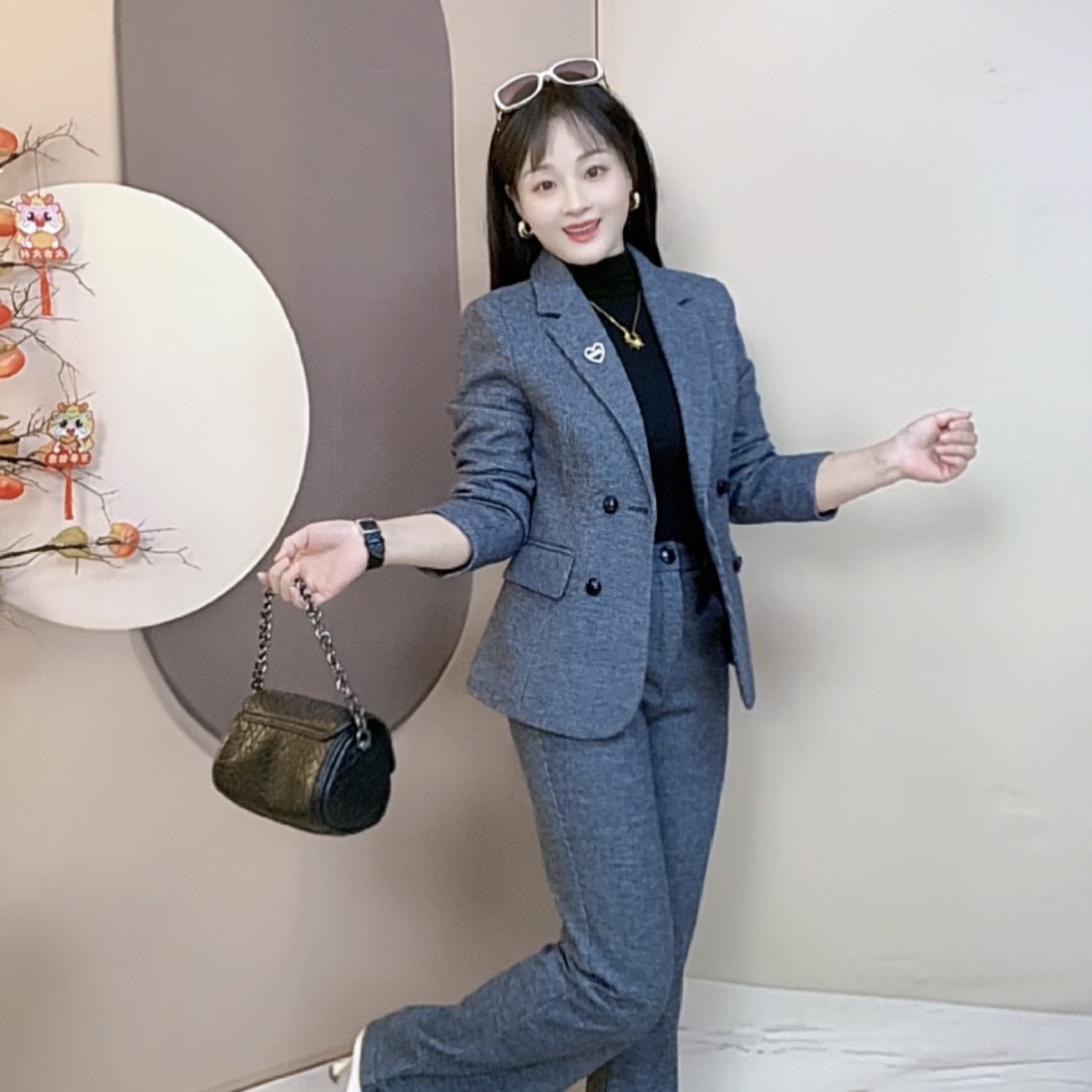 修身型女包袖方领长袖常规款西装时尚修身显瘦格子小香风250932