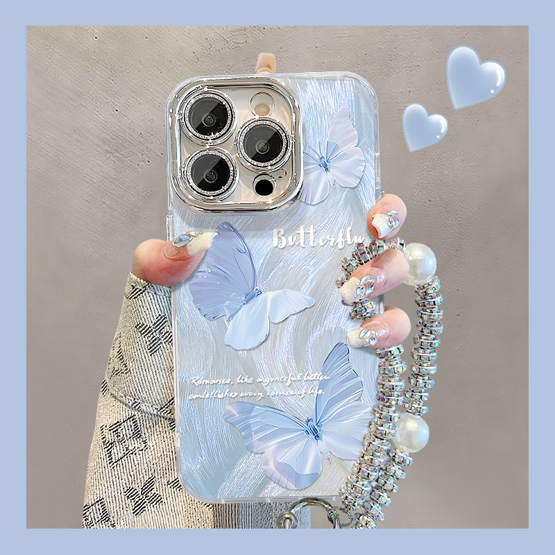 蓝粉蝴蝶适用苹果15华为vivo/oppo小米iPhone16精孔羽纱纹手机壳