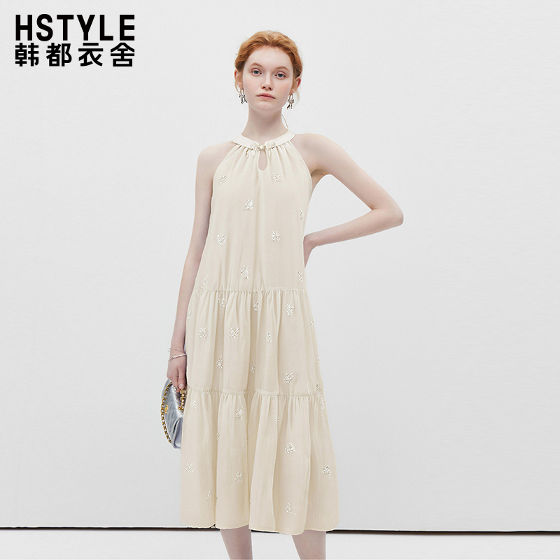 韩都衣舍挂脖盘扣无袖长款连衣裙女千金感高级气质长裙夏季新款