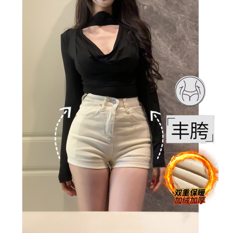 加绒米白色丰胯牛仔短裤女2025年冬季新款高腰显瘦性感纯欲热裤
