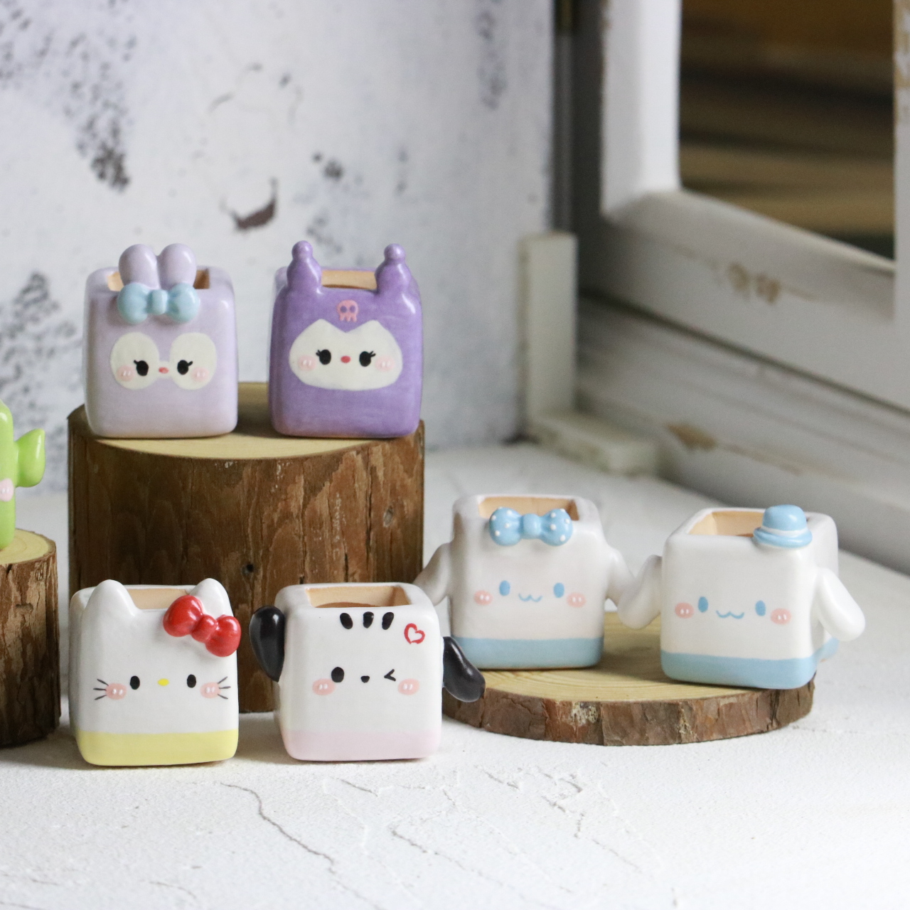 【三丽鸥立体方盆系列】创意手捏手绘釉烧多肉拇指盆，内口2.3cm左右