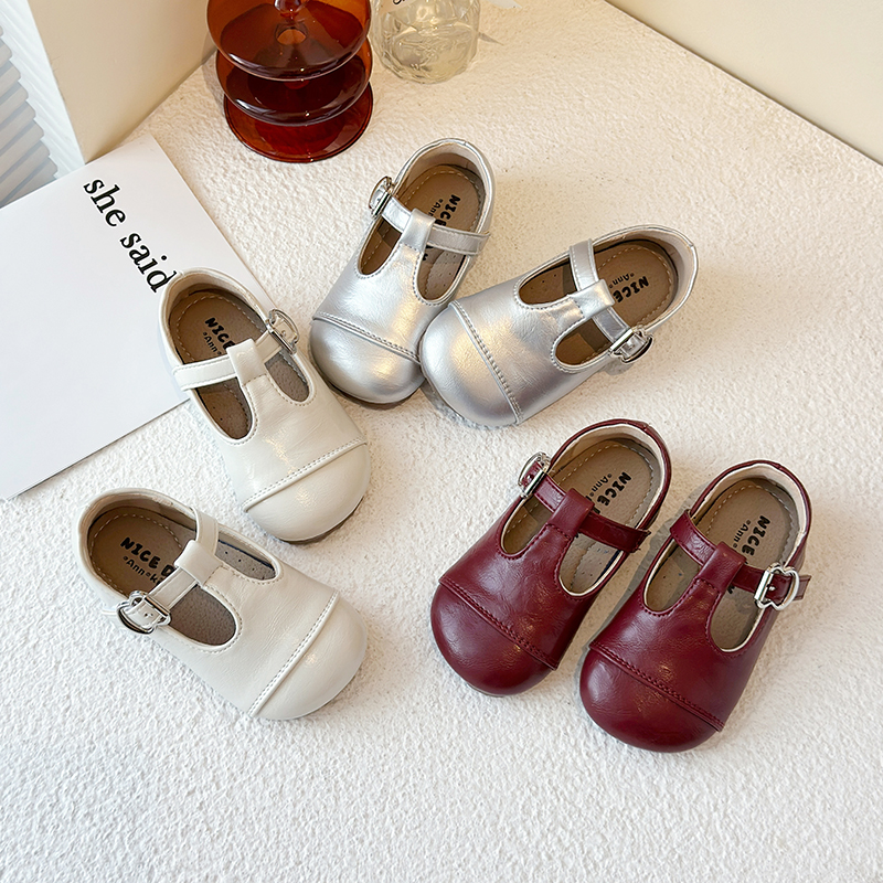 儿童小皮鞋2025秋季新款韩版女童公主鞋丁字扣鞋带平底玛丽珍单鞋
