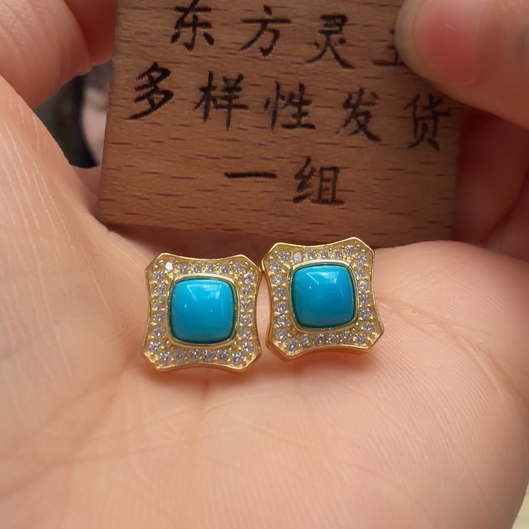 绿松石银S925镶嵌耳饰