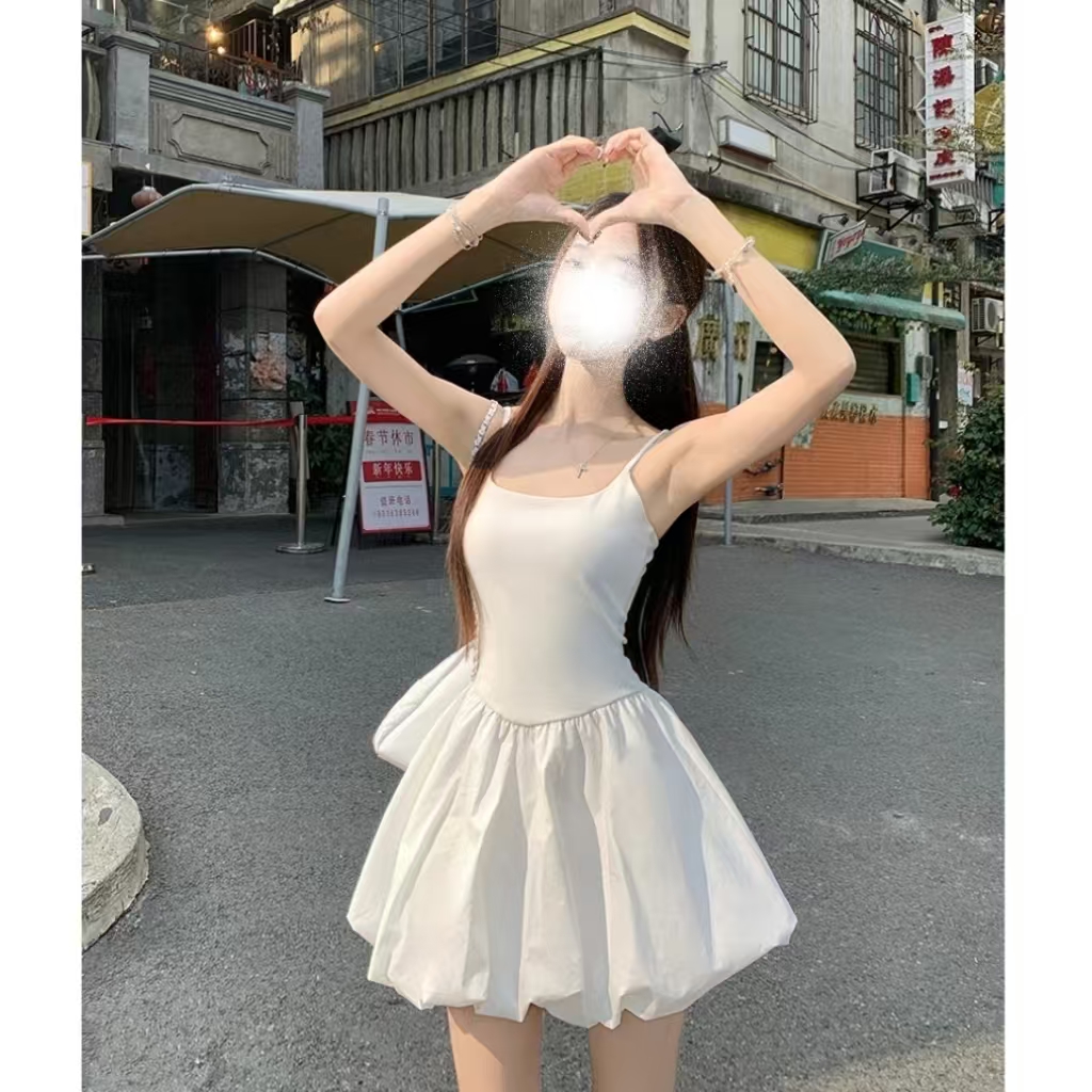 新款法式芭蕾风修身花苞裙吊带蓬蓬短款连衣裙（无胸垫）