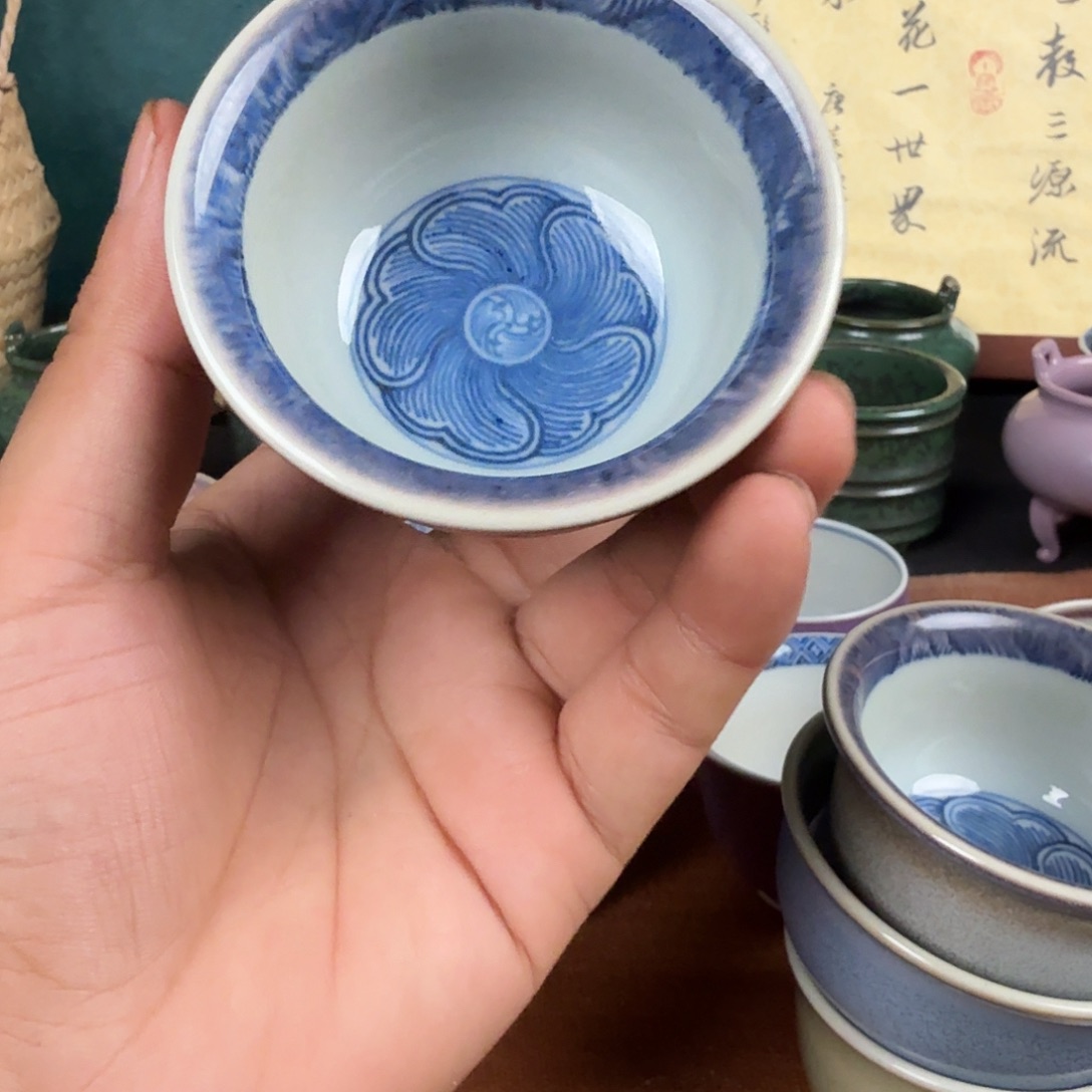 全原矿纯手工电气窑青花品茗杯