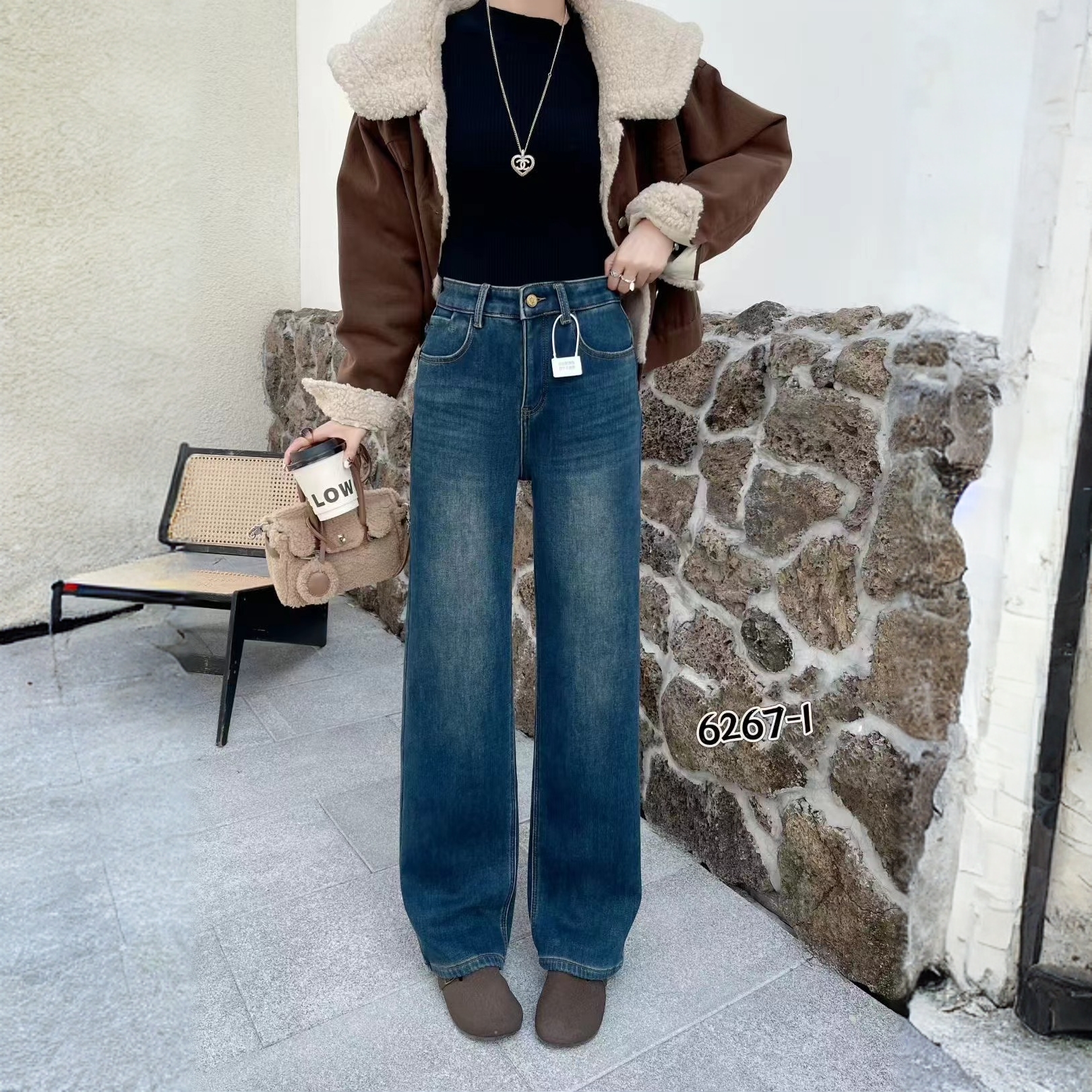 【厂二代章章】欧货密密绒显瘦窄版直筒裤 女字母压花牛仔长裤6267