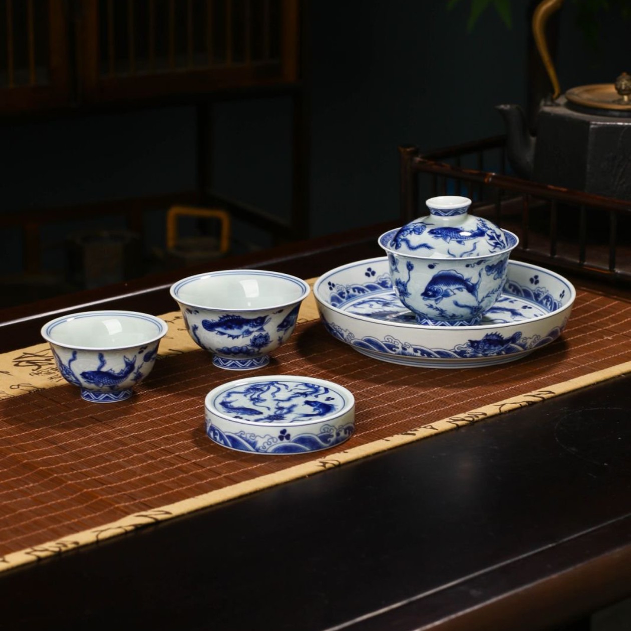 景德镇 海水鱼藻纹五件套青花釉下彩高温茶具高档茶具自用送礼