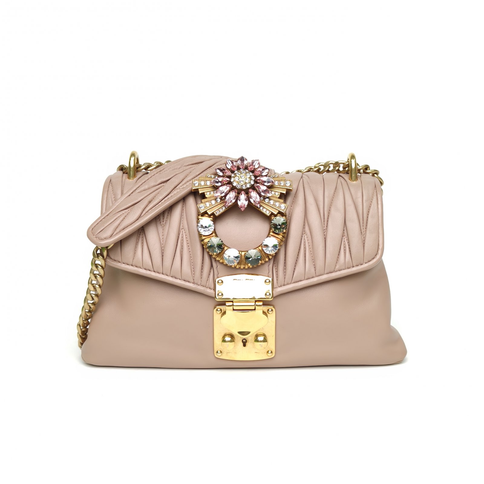 95新 MIU MIU/缪缪 【娇】粉色 皮革S 金扣 钻扣 单肩包 620414