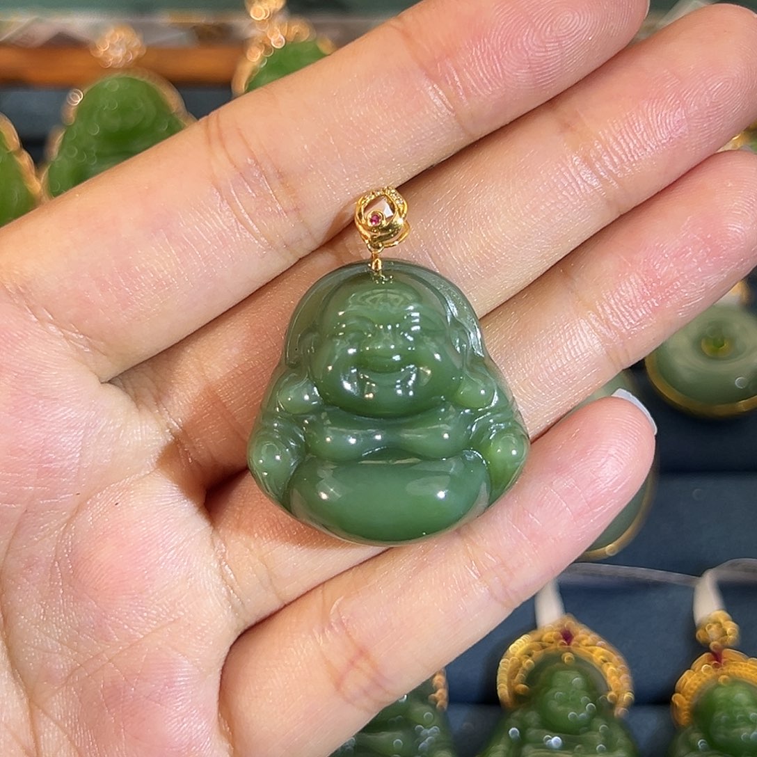 和田玉（碧玉）18K金镶嵌吊坠(不含链)佛公27mm