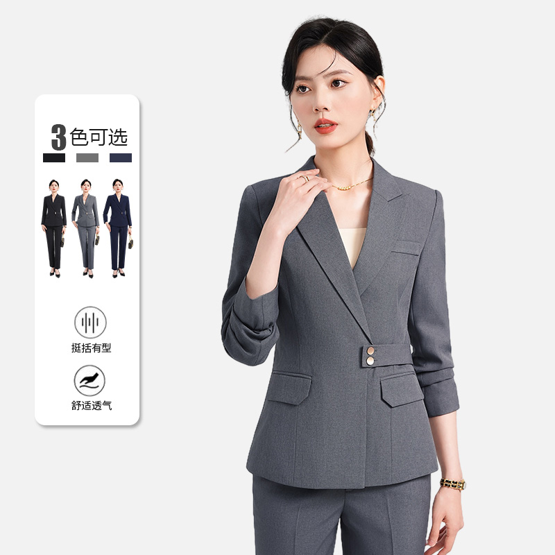 灰色职业西装女春秋气质主持人正装酒店美容院工作服西服外套9903