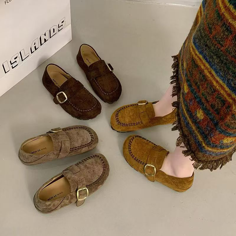 秋季新款圆头磨砂真皮勃肯单鞋女一脚蹬休闲两穿软底豆豆鞋