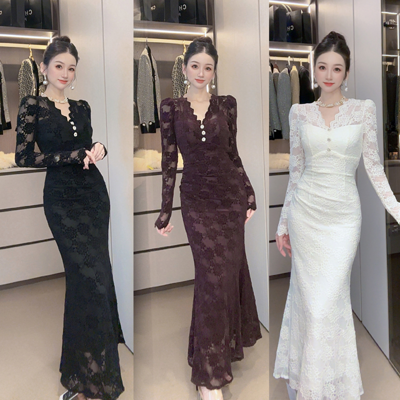 【小茵家】气质加厚加绒V领蕾丝收腰鱼尾连衣裙显瘦女神款修身时尚