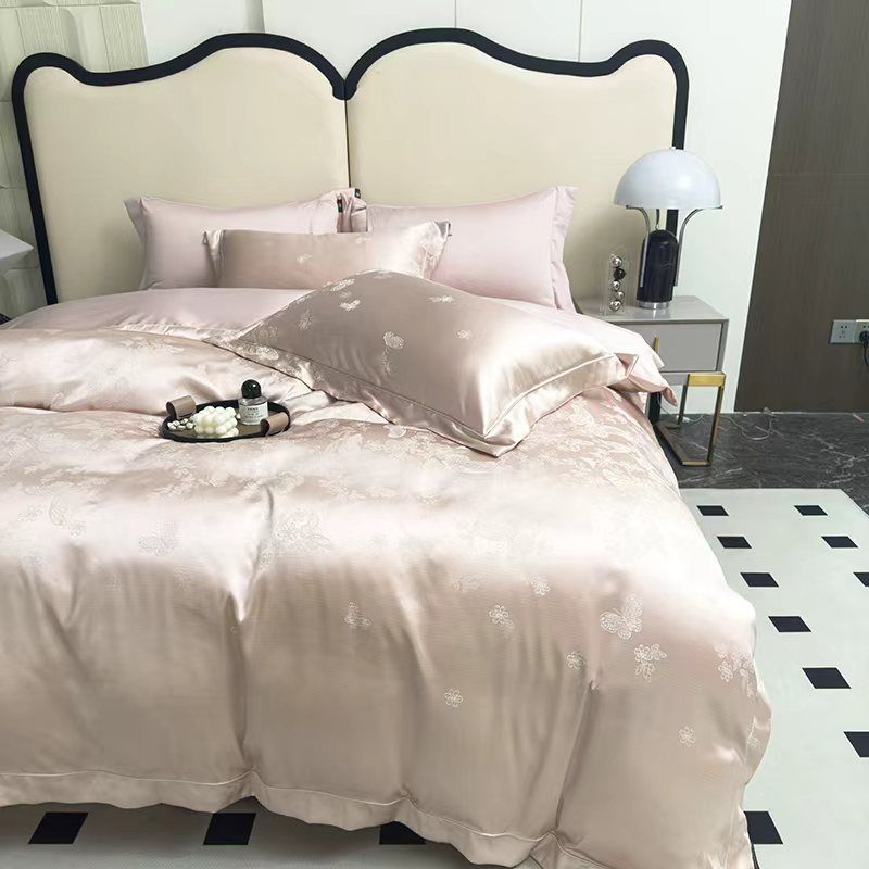 【专柜清仓】xm专柜款高精密真丝棉提花四件套-春旭-粉