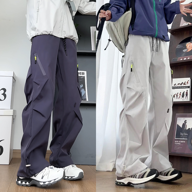 美式压褶工装裤男女秋季潮牌三防冲锋裤宽松大码百搭显瘦休闲裤子