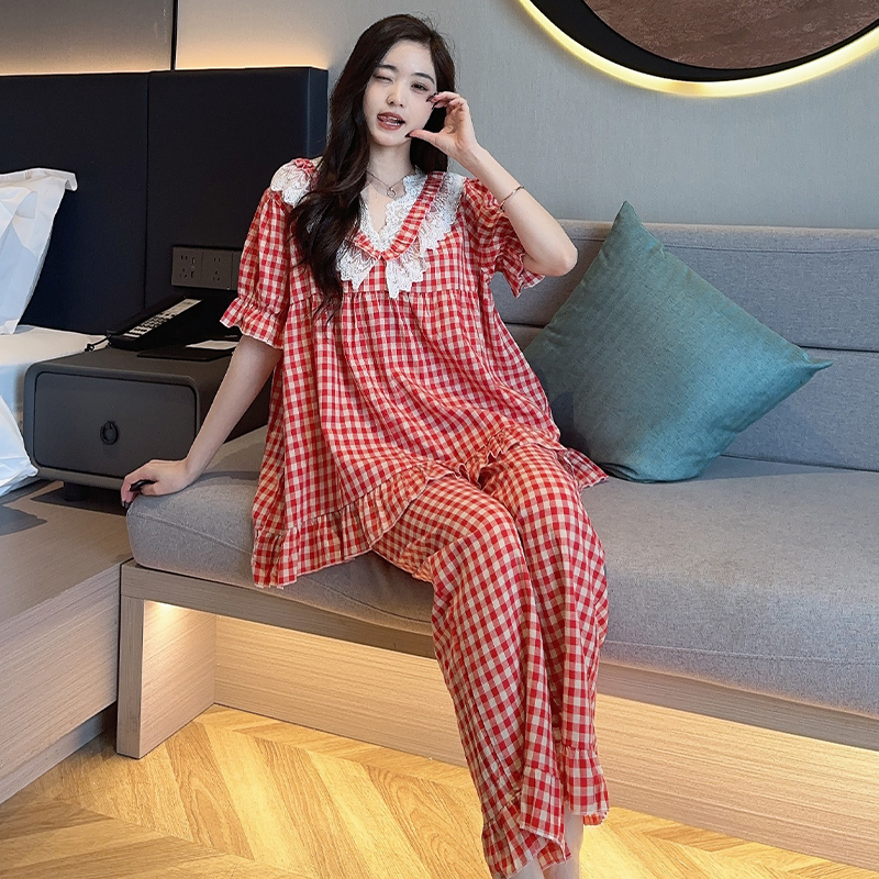 庆同三件套装睡衣女士纯棉夏季休闲简约日系格子短袖外穿家居服