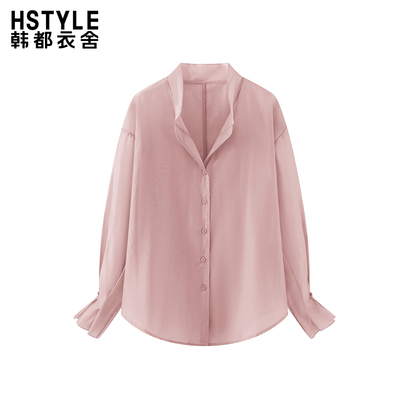 韩都衣舍纯色薄款花边长袖小衫女休闲设计感小众通勤百搭宽松衬衫