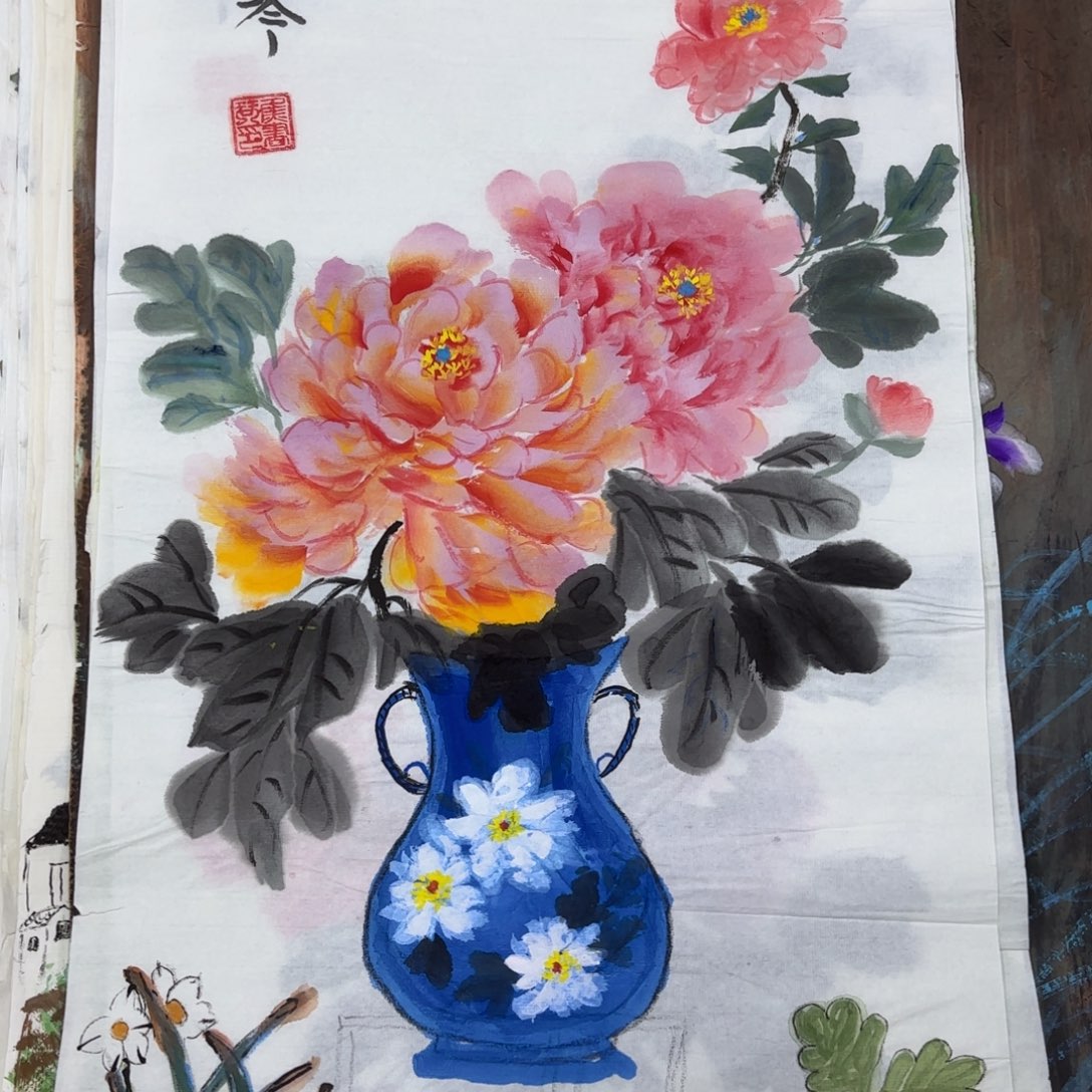 国画四尺三开花鸟赵